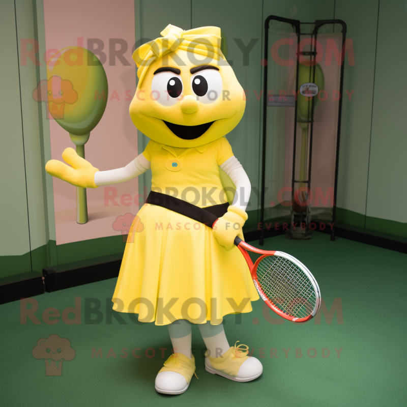 Yellow Tennis Racket mascot costume character dressed with a A-Line Skirt and Belts