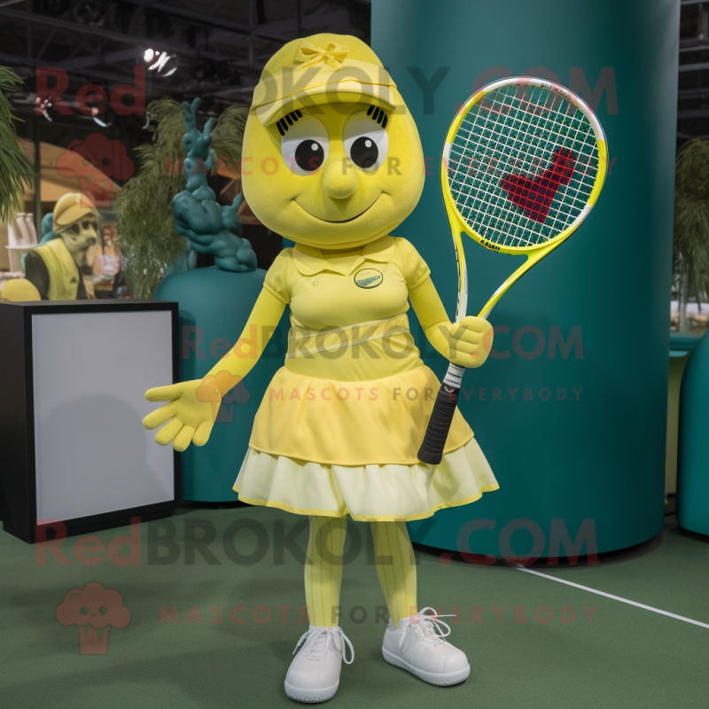 Yellow Tennis Racket mascot costume character dressed with a A-Line Skirt and Belts