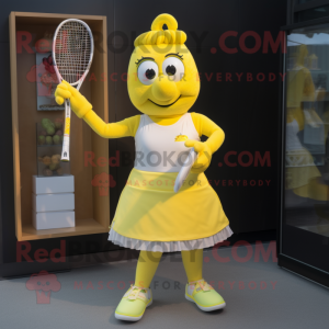 Yellow Tennis Racket mascot costume character dressed with a A-Line Skirt and Belts