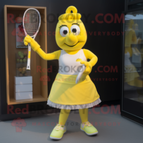 Yellow Tennis Racket mascot costume character dressed with a A-Line Skirt and Belts
