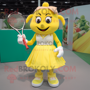 Yellow Tennis Racket mascot costume character dressed with a A-Line Skirt and Belts