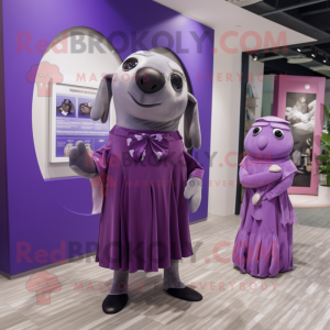 Purple Seal mascot costume character dressed with a Midi Dress and Pocket squares