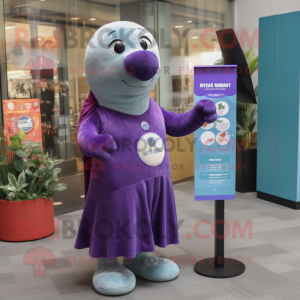 Purple Seal mascot costume character dressed with a Midi Dress and Pocket squares