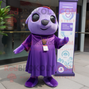 Purple Seal mascot costume character dressed with a Midi Dress and Pocket squares