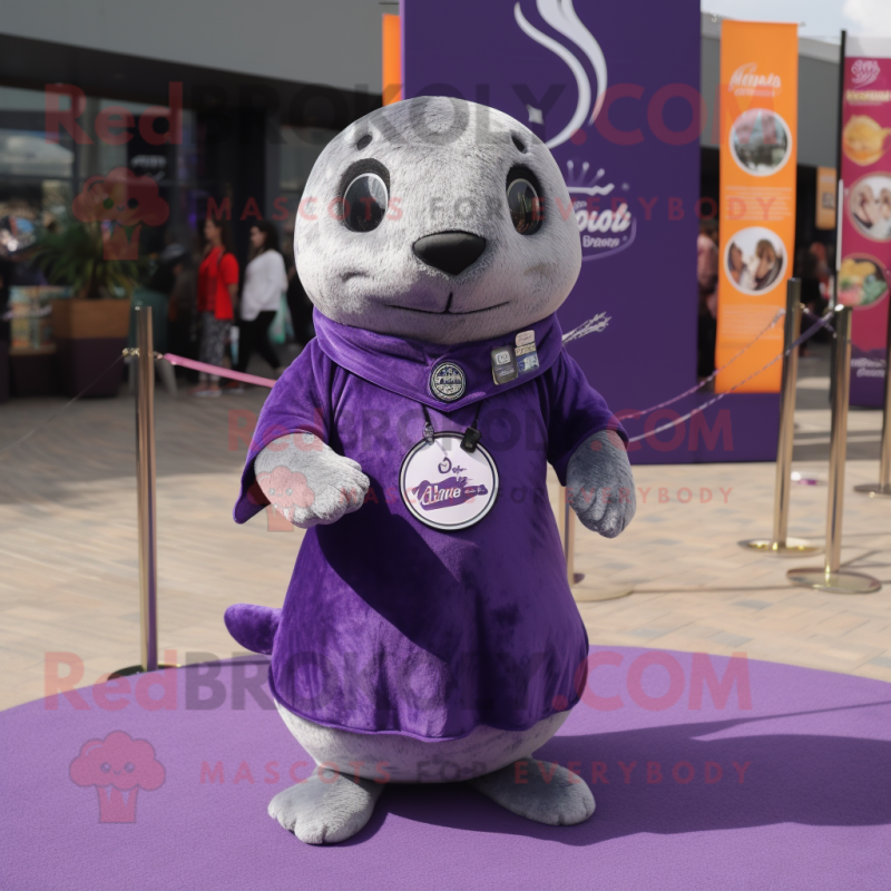 Purple Seal mascot costume character dressed with a Midi Dress and Pocket squares