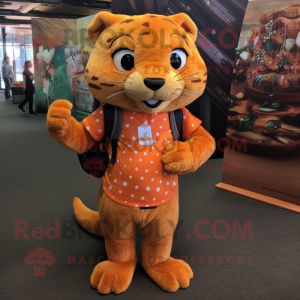 Orange Jaguarundi mascot costume character dressed with a Skirt and Backpacks