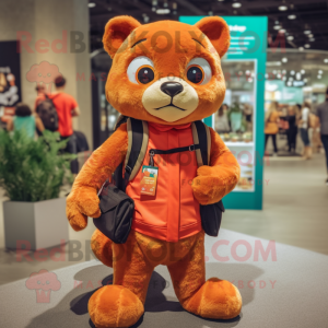 Orange Jaguarundi mascot costume character dressed with a Skirt and Backpacks