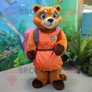 Orange Jaguarundi mascot costume character dressed with a Skirt and Backpacks