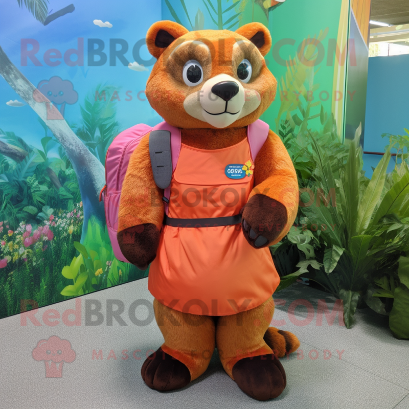 Orange Jaguarundi mascot costume character dressed with a Skirt and Backpacks