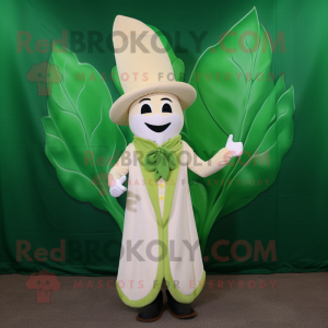 Cream Spinach mascot costume character dressed with a Sheath Dress and Hat pins