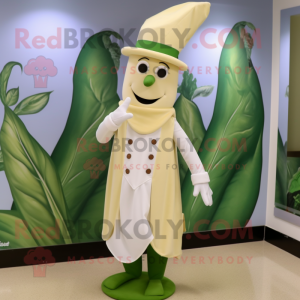 Cream Spinach mascot costume character dressed with a Sheath Dress and Hat pins