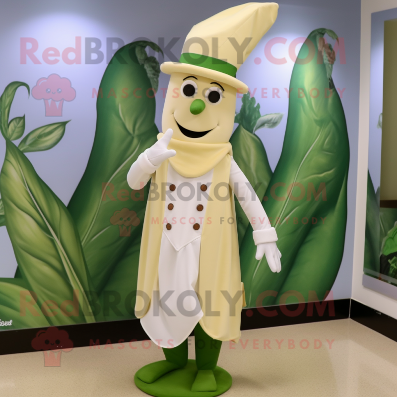 Cream Spinach mascot costume character dressed with a Sheath Dress and Hat pins Cream Spinach mascot costume character dressed with a Sheath Dress and Hat pins