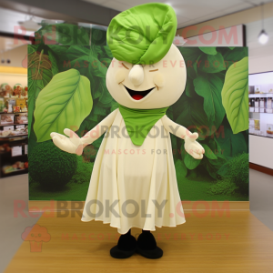 Cream Spinach mascot costume character dressed with a Sheath Dress and Hat pins