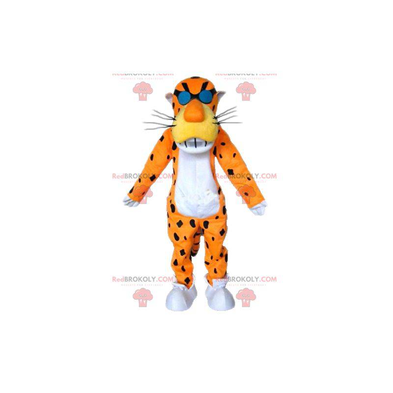 Mascotte de tigre orange blanc et noir avec des lunettes -