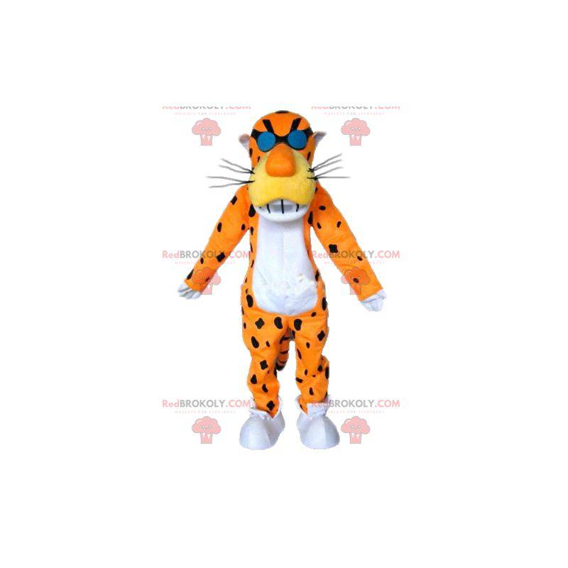 Orange weißes und schwarzes Tigermaskottchen mit Brille -