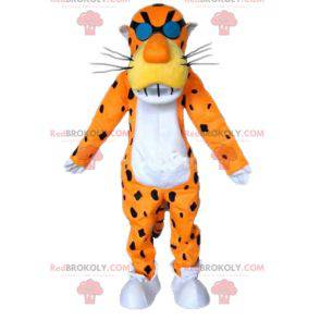 Orange weißes und schwarzes Tigermaskottchen mit Brille -
