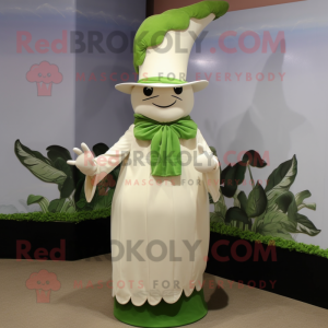 Cream Spinach mascot costume character dressed with a Sheath Dress and Hat pins