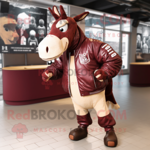 Maroon Quagga mascot costume character dressed with a Bomber Jacket and Messenger bags