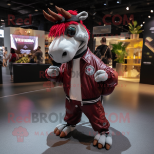 Maroon Quagga mascot costume character dressed with a Bomber Jacket and Messenger bags