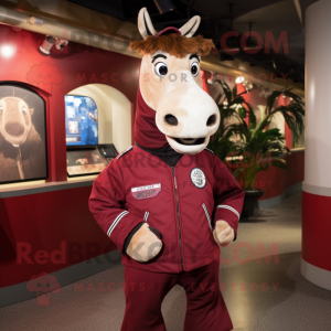 Maroon Quagga mascot costume character dressed with a Bomber Jacket and Messenger bags