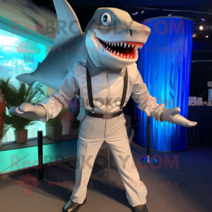 Silver Shark mascot costume character dressed with a Bermuda Shorts and Suspenders