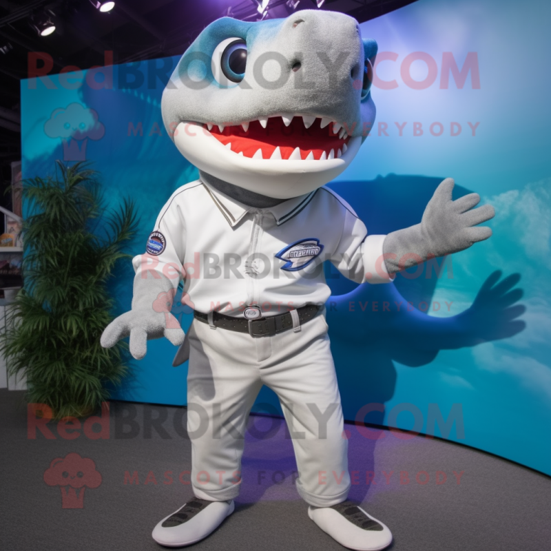 Silver Shark mascot costume character dressed with a Bermuda Shorts and Suspenders Silver Shark mascot costume character dressed with a Bermuda Shorts and Suspenders