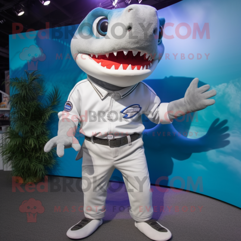 Silver Shark mascot costume character dressed with a Bermuda Shorts and Suspenders