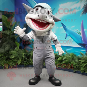Silver Shark mascot costume character dressed with a Bermuda Shorts and Suspenders