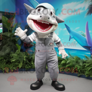 Silver Shark mascot costume character dressed with a Bermuda Shorts and Suspenders