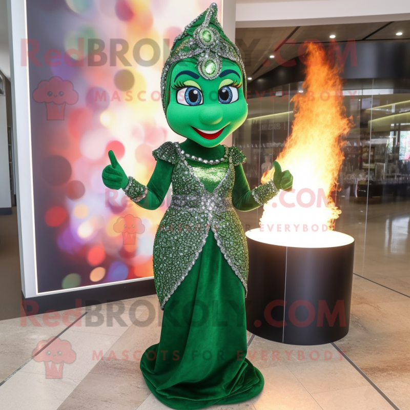 Forest Green Fire Eater mascot costume character dressed with a Evening Gown and Necklaces Forest Green Fire Eater mascot costume character dressed with a Evening Gown and Necklaces
