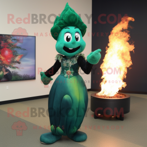 Forest Green Fire Eater mascot costume character dressed with a Evening Gown and Necklaces