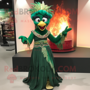 Forest Green Fire Eater mascot costume character dressed with a Evening Gown and Necklaces