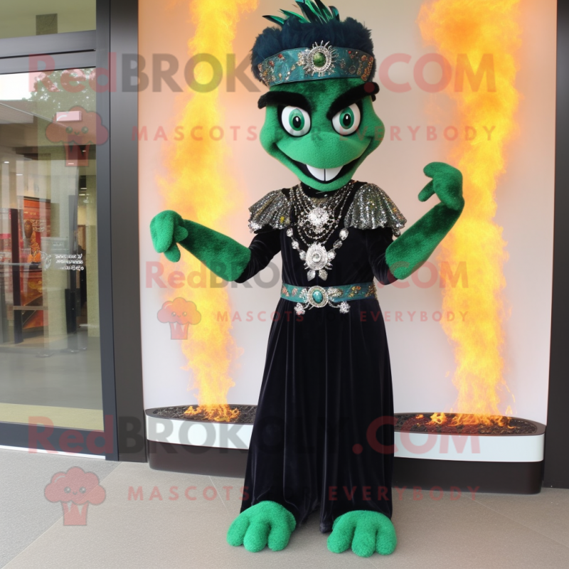 Forest Green Fire Eater mascot costume character dressed with a Evening Gown and Necklaces