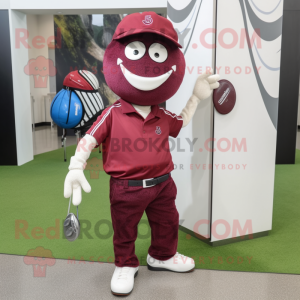 Maroon Golf Ball mascot costume character dressed with a Jeans and Handbags