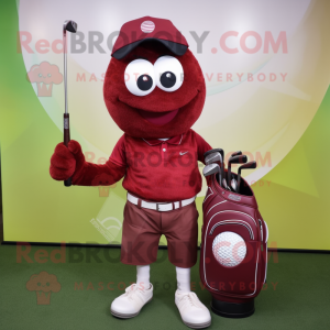 Maroon Golf Ball mascot costume character dressed with a Jeans and Handbags