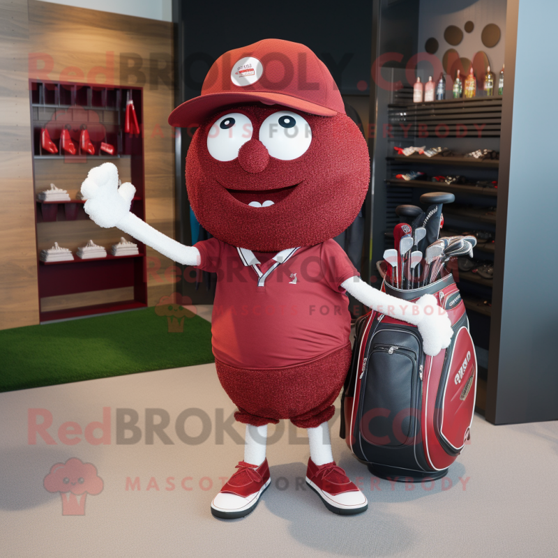 Maroon Golf Ball mascot costume character dressed with a Jeans and Handbags Maroon Golf Ball mascot costume character dressed with a Jeans and Handbags