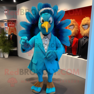 Cyan Turkey mascot costume character dressed with a Blazer and Cummerbunds