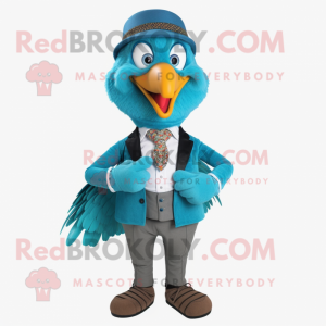 Cyan Turkey mascot costume character dressed with a Blazer and Cummerbunds