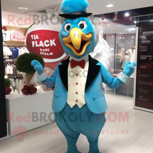 Cyan Turkey mascot costume character dressed with a Blazer and Cummerbunds