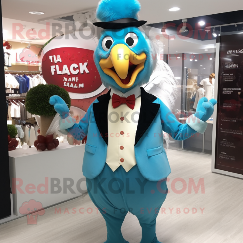 Cyan Turkey mascot costume character dressed with a Blazer and Cummerbunds Cyan Turkey mascot costume character dressed with a Blazer and Cummerbunds