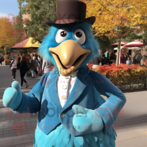 Cyan Turkey mascot costume character dressed with a Blazer and Cummerbunds
