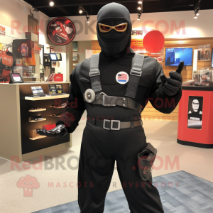 Black Gi Joe mascot costume character dressed with a V-Neck Tee and Coin purses