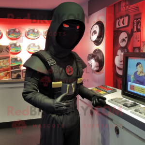 Black Gi Joe mascot costume character dressed with a V-Neck Tee and Coin purses