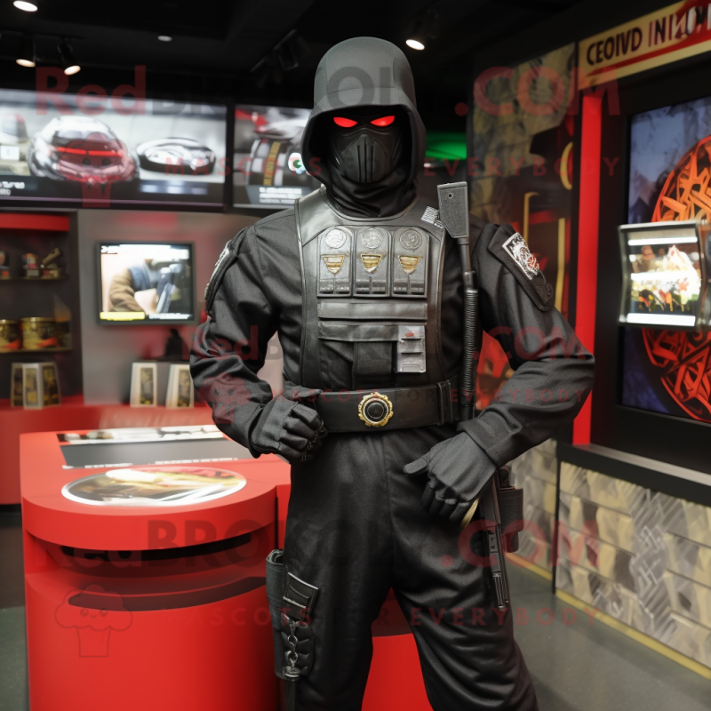 Black Gi Joe mascot costume character dressed with a V-Neck Tee and Coin purses Black Gi Joe mascot costume character dressed with a V-Neck Tee and Coin purses