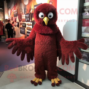 Maroon Harpy mascot costume character dressed with a Jumpsuit and Clutch bags