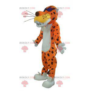 Orange weißes und schwarzes Tigermaskottchen mit Brille -