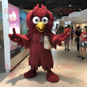 Maroon Harpy mascot costume character dressed with a Jumpsuit and Clutch bags
