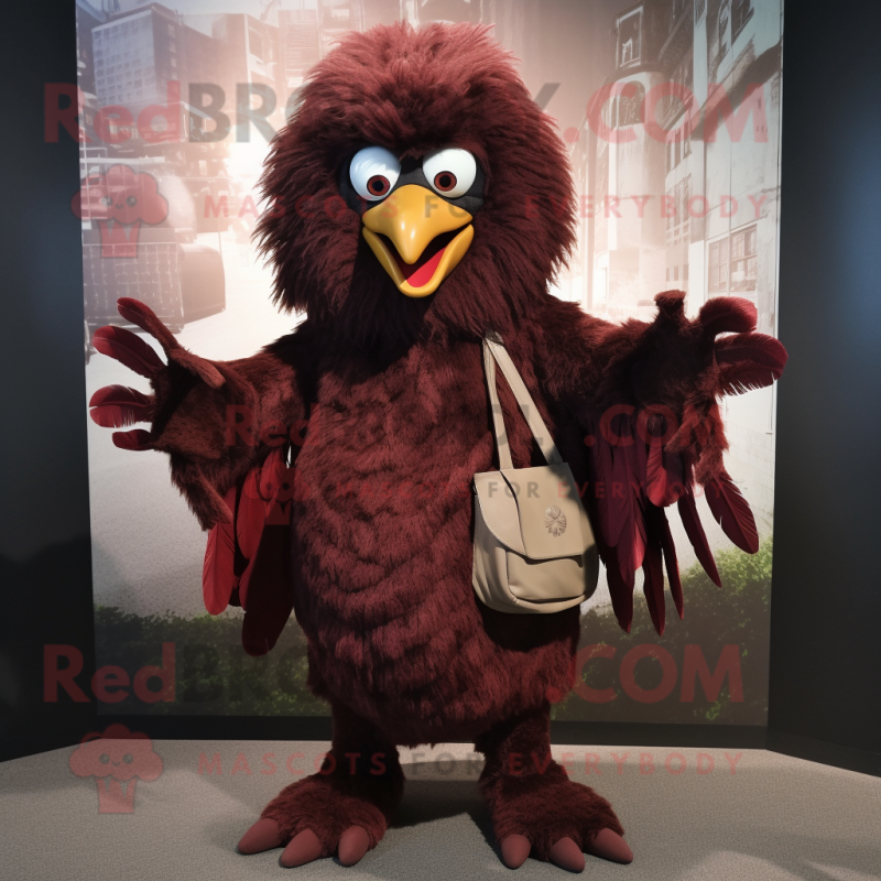 Maroon Harpy mascot costume character dressed with a Jumpsuit and Clutch bags Maroon Harpy mascot costume character dressed with a Jumpsuit and Clutch bags