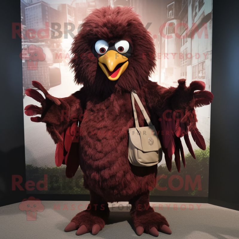 Maroon Harpy mascot costume character dressed with a Jumpsuit and Clutch bags