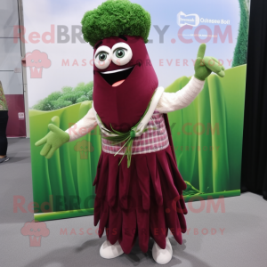 Maroon Asparagus mascot costume character dressed with a Skirt and Wraps